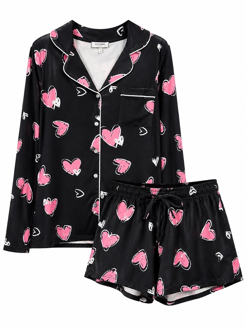 NWT Ekouaer Heart Print Pajama Set 3XL Soft Rayon Sleepwear Lounge Set Black